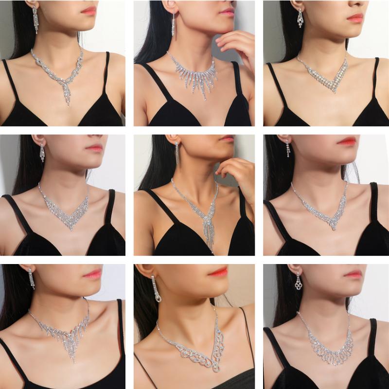Ladies Jewelry Set New Simple And Versatile Bridal Wedding Dress Necklace Earrings Two -Piece Korean Rhinestone Wedding Necklace