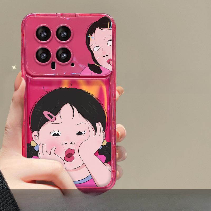Anwendbar auf Xiaomi 14/13pro Handyhülle Redmi K70/60 Niedlicher Lustiger Mädchen-Anhänger Silikon Klappspiegel