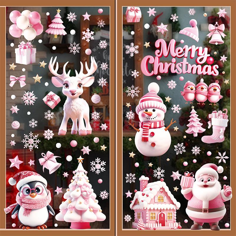 Pink Christmas Wall Stickers Christmas Trees Christmas Wooden Houses Static Stickers Festival Party Decor Glass Stickers