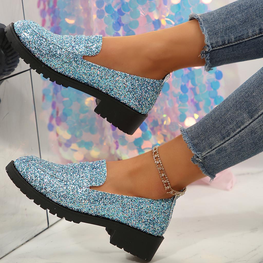 Fashion 2025 spring and autumn new large size low heel single shoes female personality sequin round head slip-on women's shoes