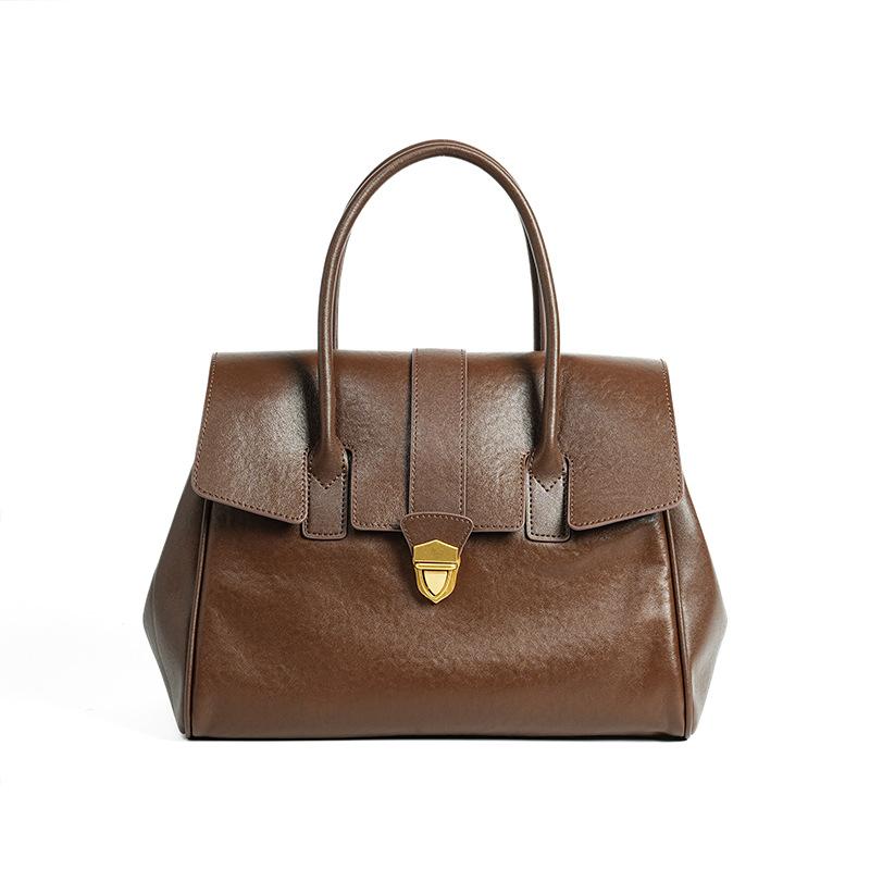 Autumn and winter leather high-end shoulder tote bag women's head layer vegetable tanned cowhide retro large-capacity portable briefcase