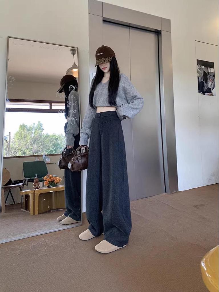 2025 Autumn/Winter Women's High-Waisted Slim Fit Apricot Suit Pants - Flattering Casual Drapey Straight Leg, Versatile Wide-Leg