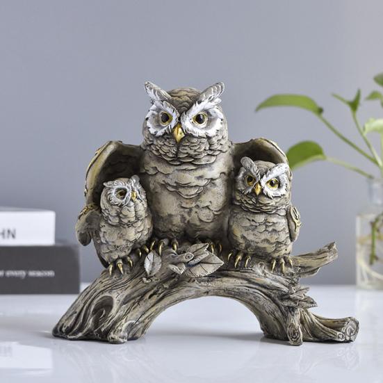 Owl Family Resin Figurines, Rustic Tree Branch Animal Statues, American Country Home Decor for Living Room TV Stand Bookshelf Bedroom, Unique