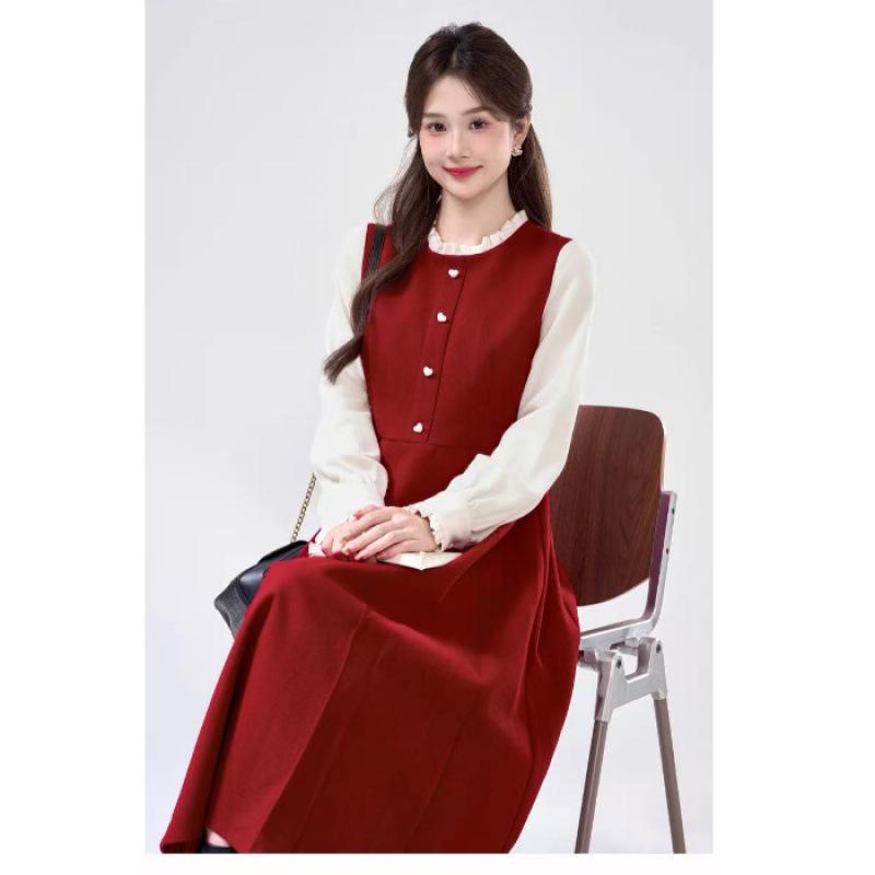 Red French Chic A-Line Dress - 2026 Spring Slimming Waist, Long, High-End Fashion Extra Large