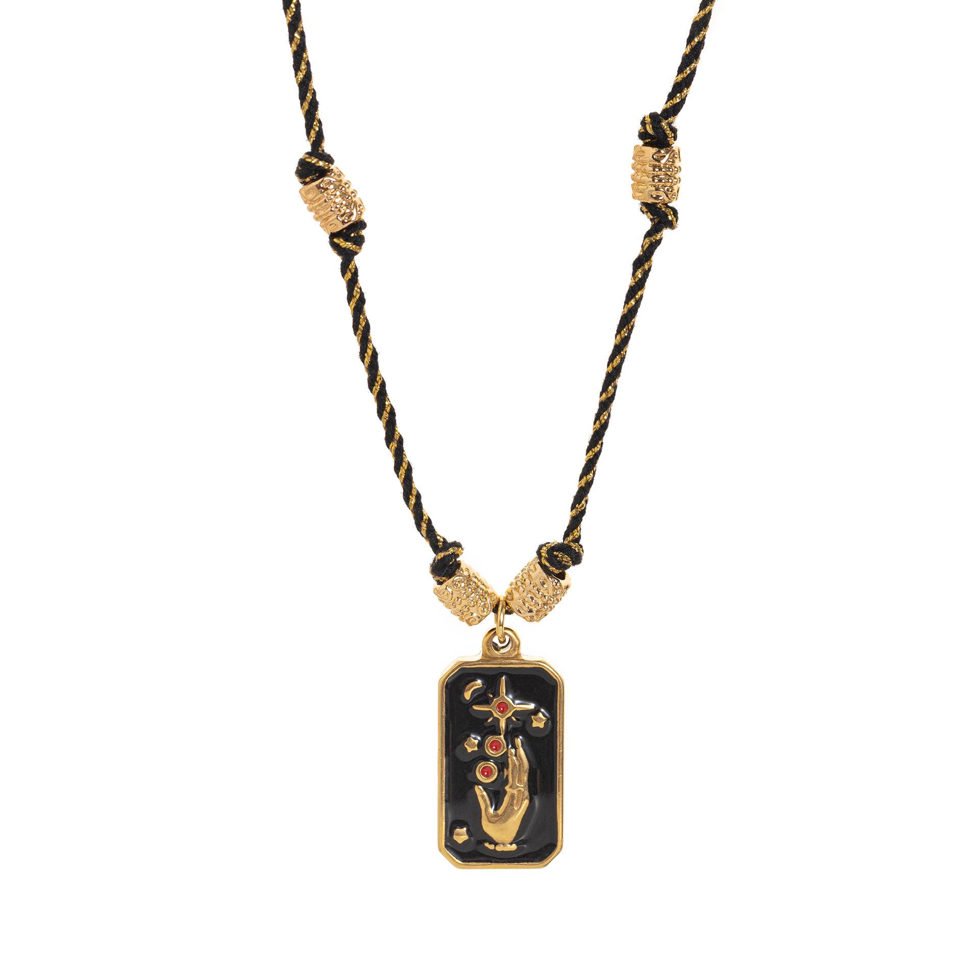 18K Gold Hand-Knotted Tarot Card Necklace with Black Enamel for Women