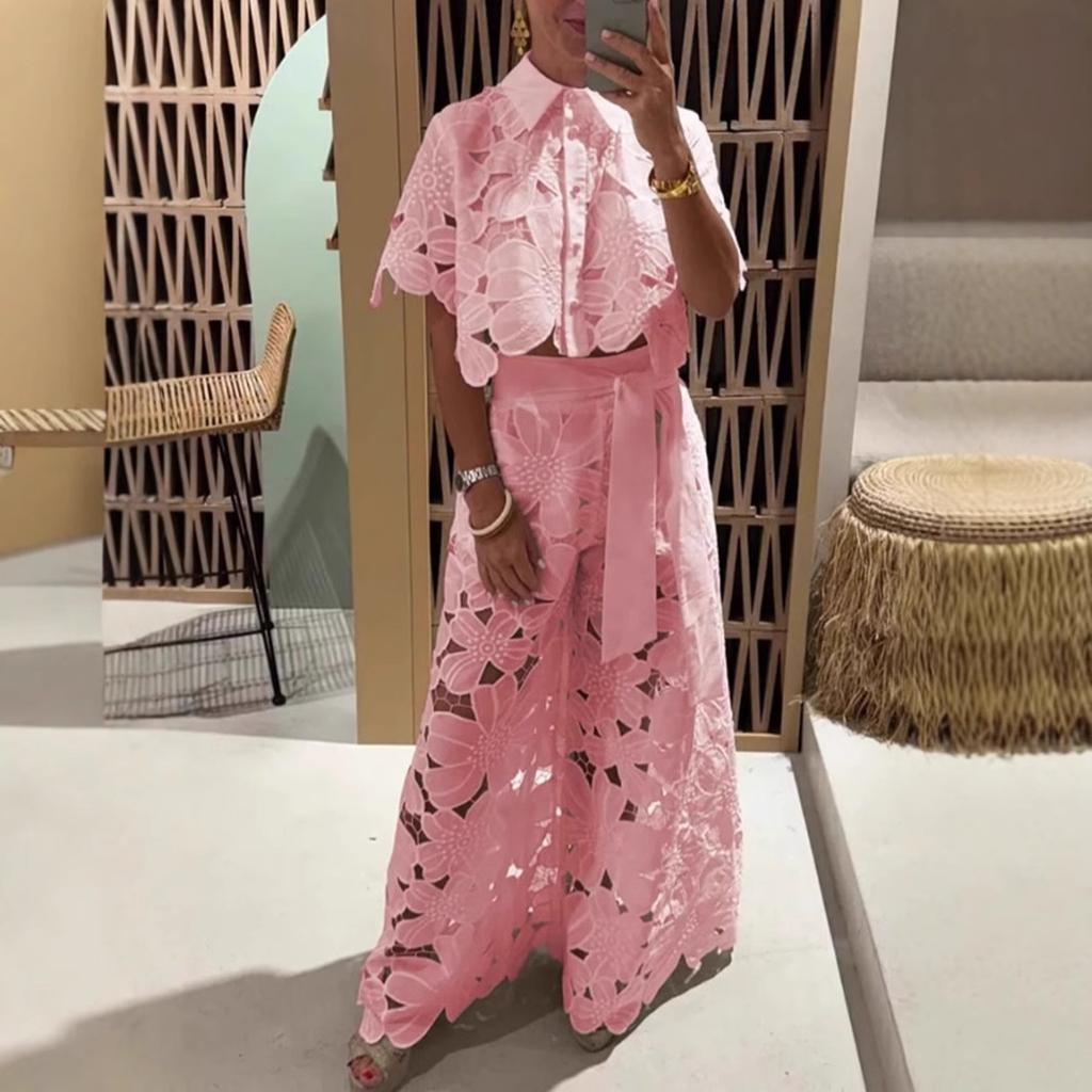 Women's Hollow Out Floral Lace Cropped Shirt Wide Leg Pants Set Elegant Collared Two Piece Outfit