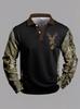 Hunting-inspired Long-sleeve Polo Shirt with Deer Graphic, Casual and Stylish for Outdoor Wear.