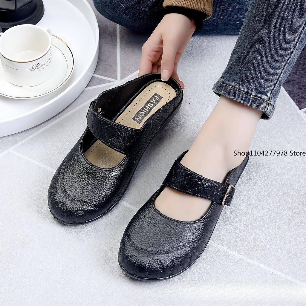 Fashion Women Mules 2025 Summer Elegant Square Closed Toe Flat Slippers Female Shoes Casual Leather Black White Slides Big Size