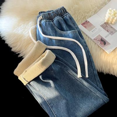 Thick Winter Straight Men's Jeans Fleece Warm Loose Plush Trousers Fashion Casual Wide-leg Plush Denim Pants Male
