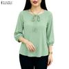 ZANZEA Blusa informal holgada de color liso con cuello redondo y mangas 3/4 para mujer