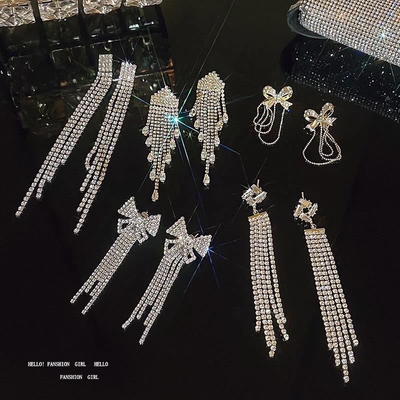 Exquisite S925 Silber Lange Quaste Diamant Schleife Ohrringe für Damen - Europäisches und Amerikanisches Design.