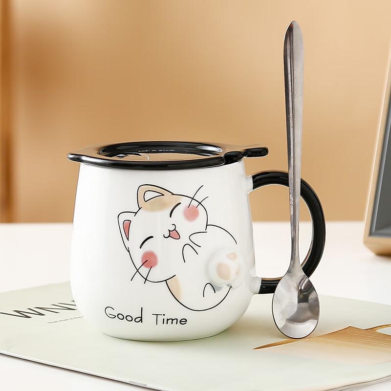 Cat Ceramic Mug with Lid and Spoon