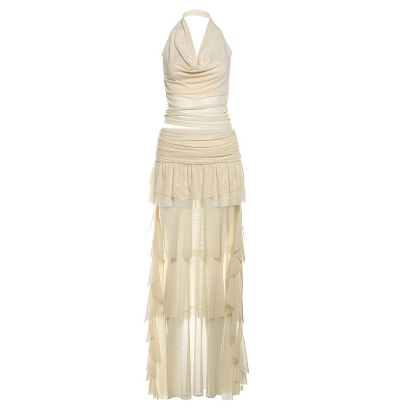 

Weird Puss Cream Mousse Deep V Swing Collar Halterneck Vest Female Ruffles Asymmetrical Mop Skirt Outfit Apricot S