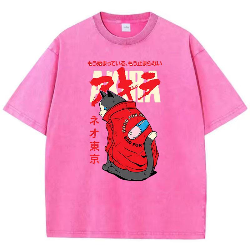 T Shirt Vintage Washed Cotton T-Shirt Japanese Anime Akira Tokyo Cat Graphic Tee Casual Streetwear Spring Summer