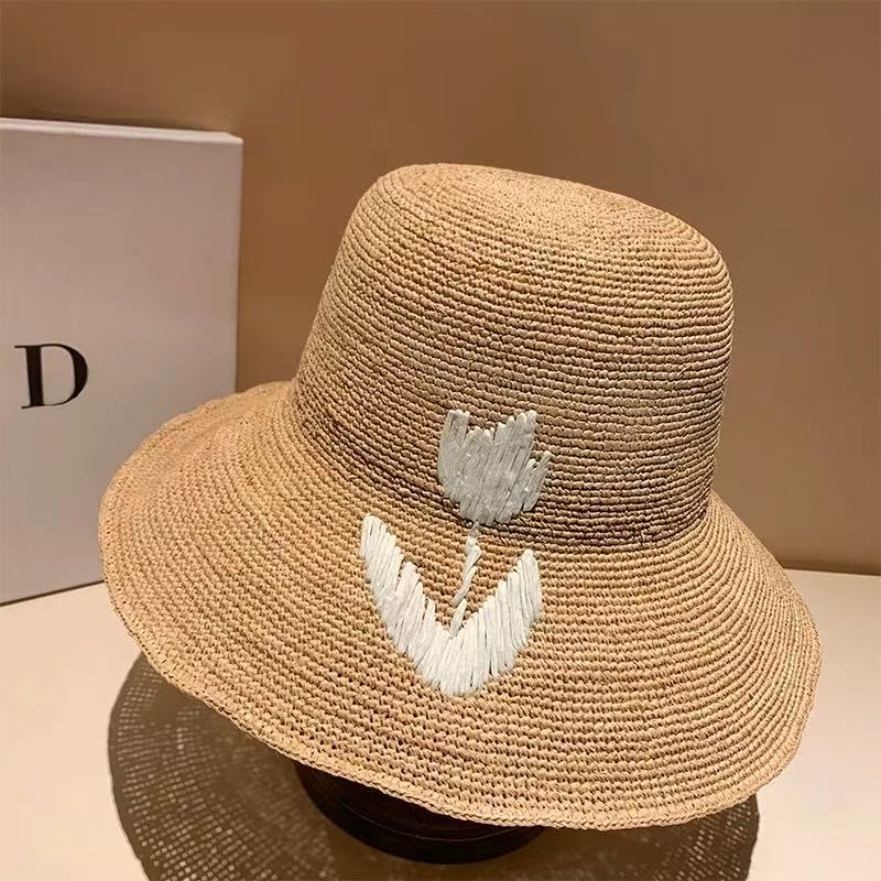 

Handwoven Raffia straw bucket hat Fashion Outdoors Beach Wide Brim Sun Straw Hat Designer Flowers Block Tulip Bucket Hat 55-59cm