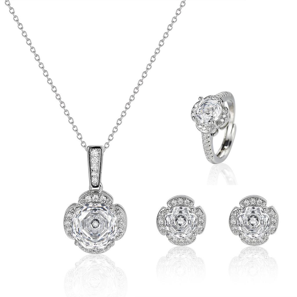 New Seiko Rose Cut Papalacha Zircon Necklace Earrings Color Treasure Ring Three-piece Set