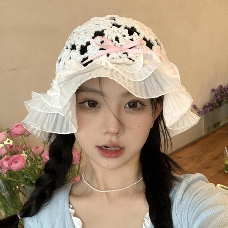 Summer Spring Crochet Bucket Hat Woman Commutes Camping Taking Photo Fisherman Hat with Pleated Trim for Girlfriend