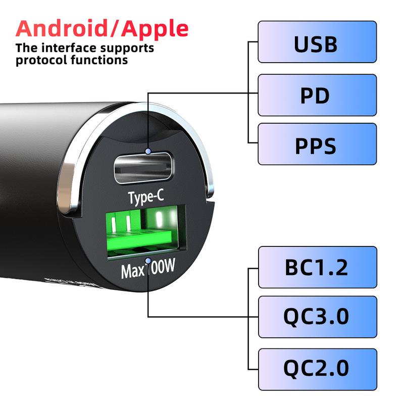 

Type_c+Max100W Charger Adapter Cigarette Lighter USB Charger Fast Charging [PD QC 3.0] Car Phone Charger for iPhone and Android
