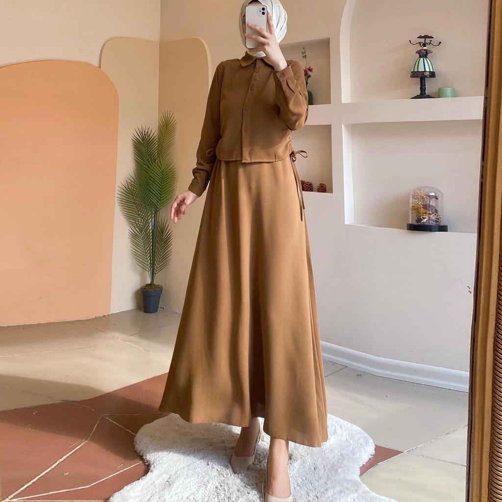 In-Stock Midi Skirt Set: 2024 Long-Sleeved Shirt Casual Dress for Muslim Arab Women