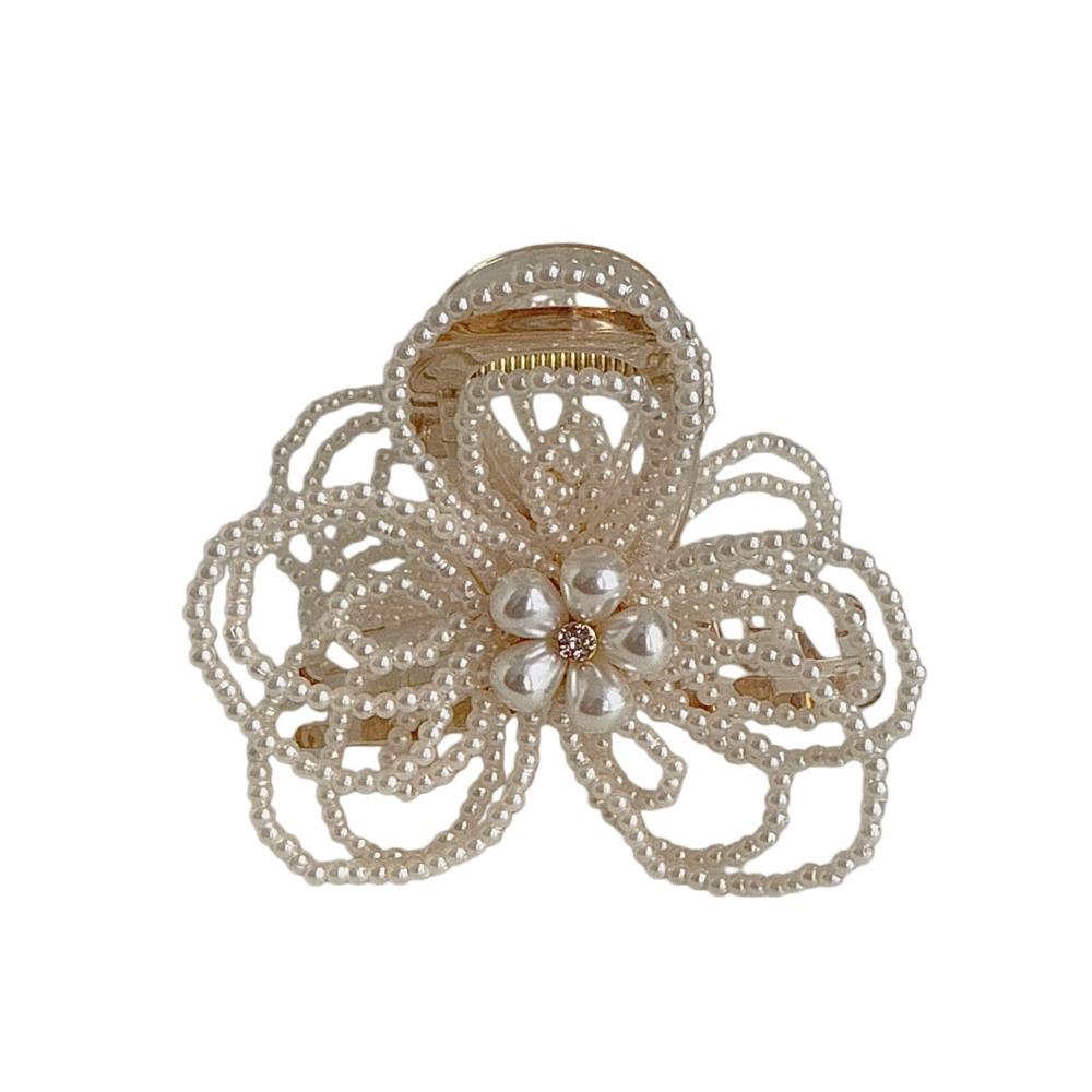 Sweet Pearls Flower Shark Clip Elegant Handmade Beads Hairgrips for Gifts белый