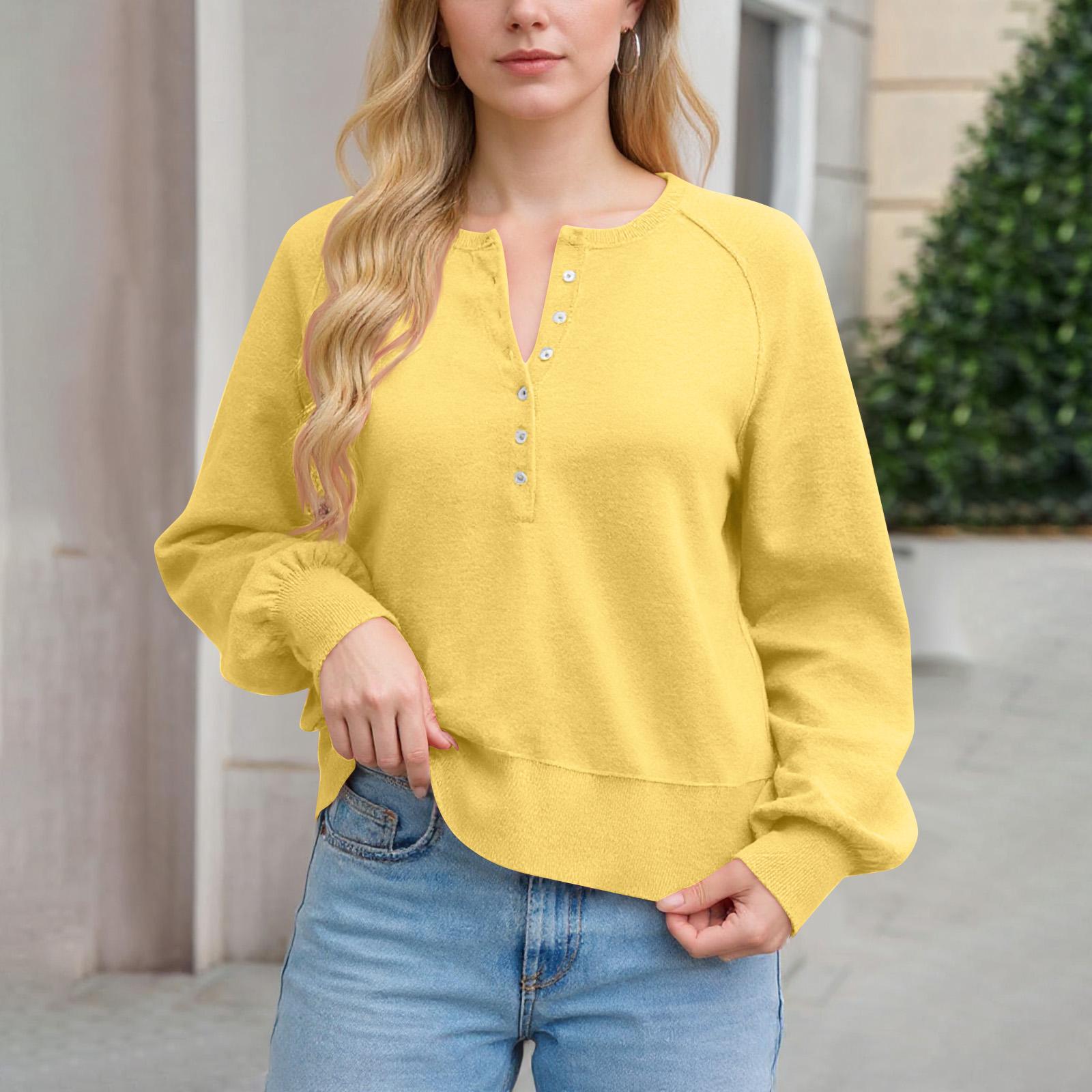 

Женский свитер с пуговицами на горловине, с длинным рукавом, хенли, модный, свободный трикотажный пуловер XL жёлтый