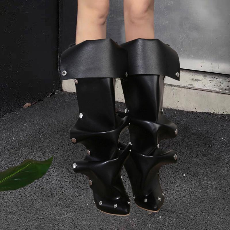 

Fashion Willow Studded Buckle Splicing Cowboy Pleated Boots Women Spice Girls Fashion Ladies Slim Heel Sexy Versatile Women s Shoes 35 чёрный