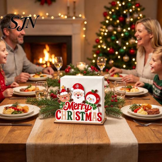 Holiday Party Supplies Christmas Wooden Tissue Holder, Napkin Dispenser with Santa Gingerbread House Elk Table Decor Pattern, Decorative Organizer for