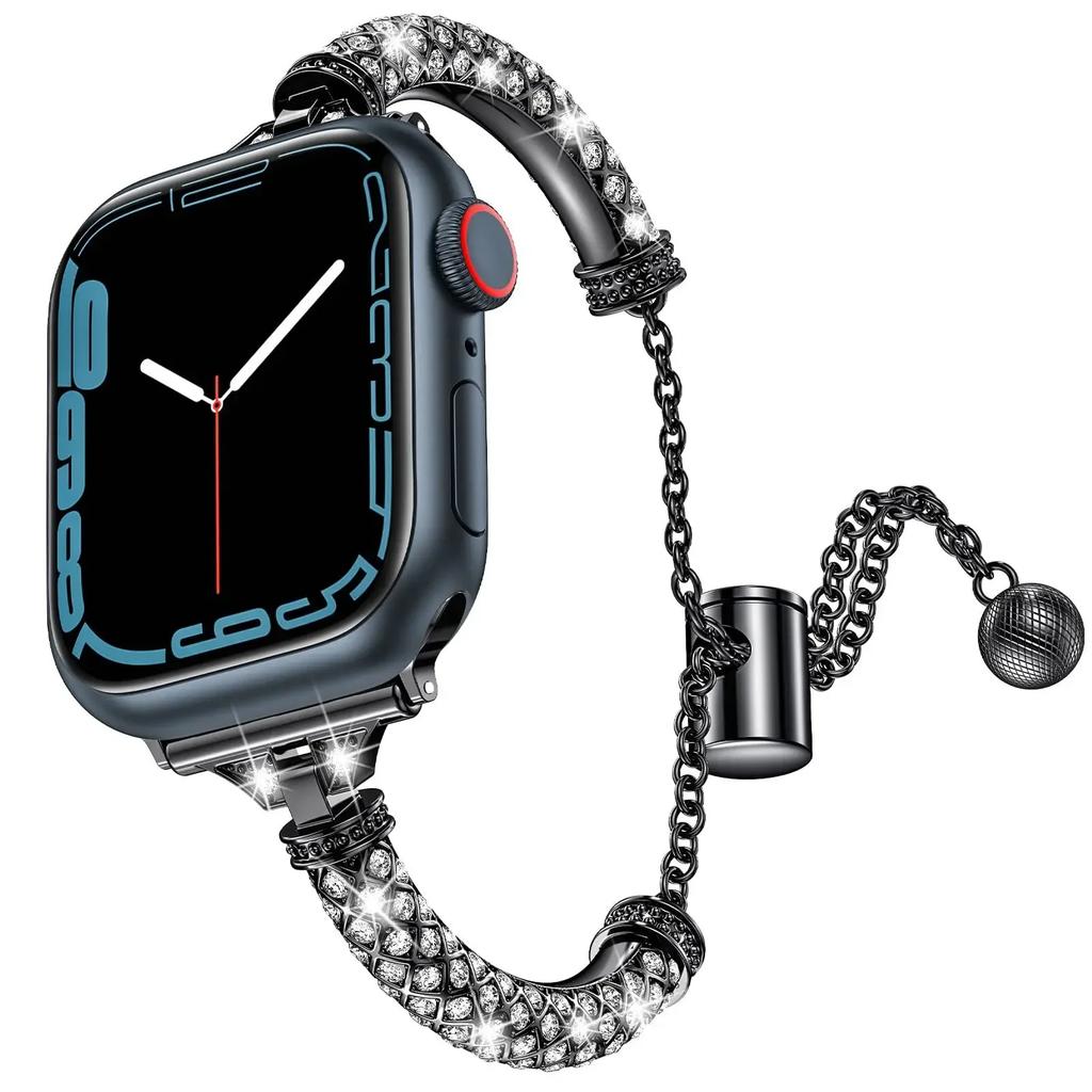 Bling Band Compatible with Apple Watch Band Dressy Metal Bracelet with Rhinestone Bumper for iWatch Series Ultra 8 7 6 5 4 3 2 1