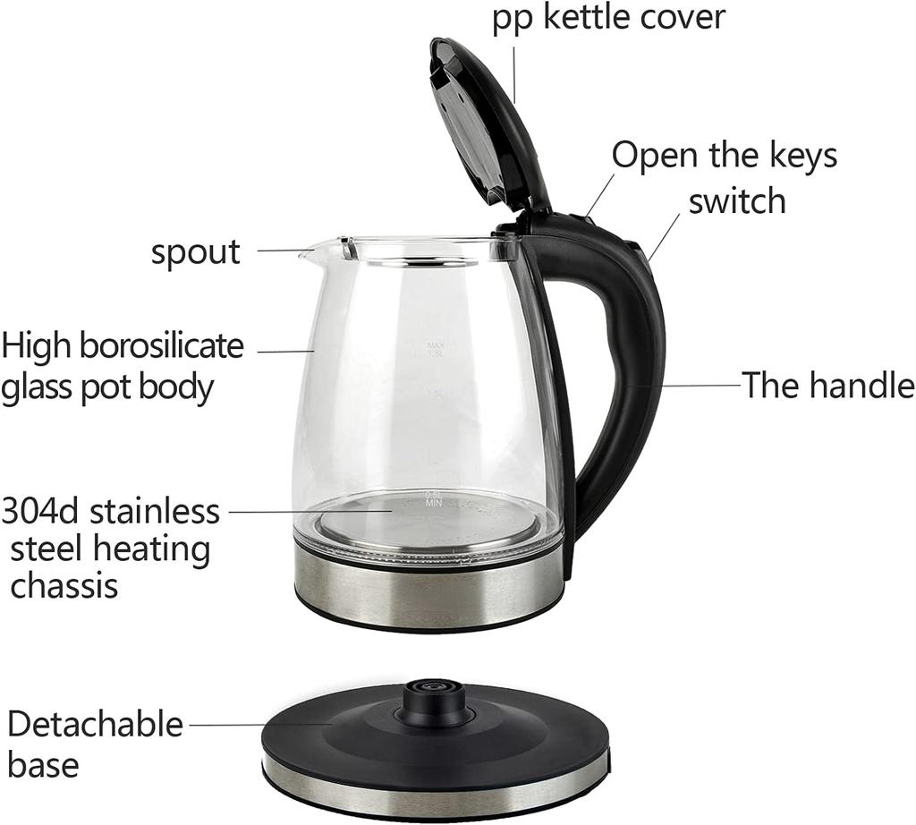 1500W Speed Boil Water Electric Kettle 220V Coffee & Tea Kettle Borosilicate Hot Water Kettle Auto Shut-Off 1.2L 2L