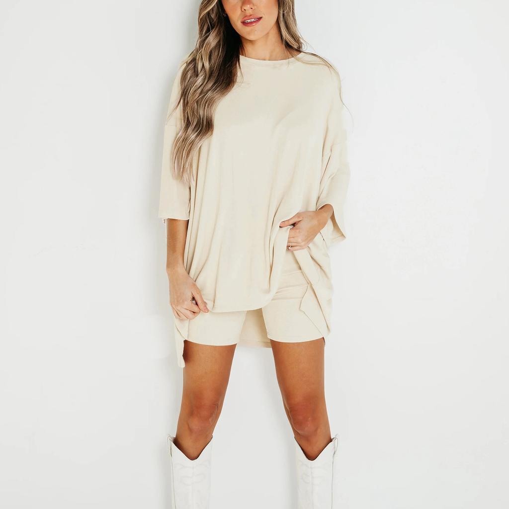 Women's Summer 2-Piece Round Neck Short Sleeves Drop Shoulder Big Kids Top And Bar Skinny Yoga Biker Shorts Set