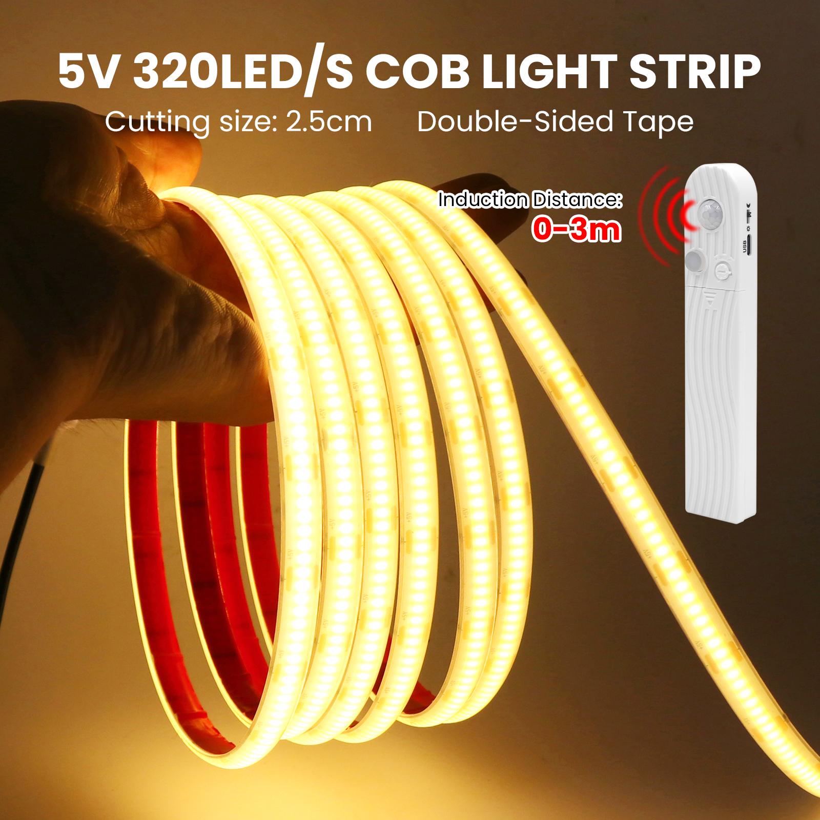 

Motion Sensor Dimmerable COB Strip IP68 Waterproof Battery Powered Cabinet Lamp Flexible Ribbon Rope LED Light 0.5m теплим білим кольором