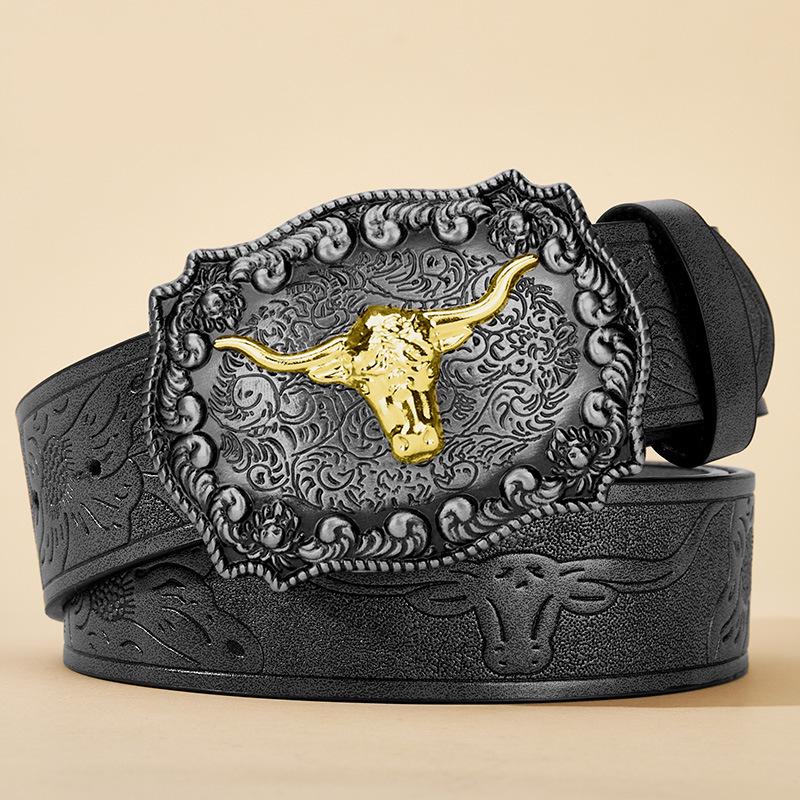 Western Cowboy Large Buckle Belt - Youth Trendy American Street Style Leather Waistband