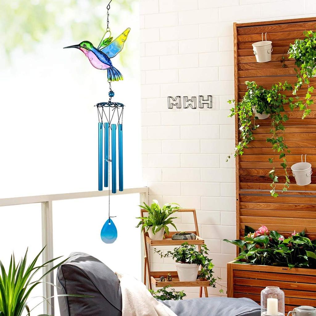 Evealyn Outdoor Hummingbird Wind Chimes, Indoor Handing Stained Glass Metal Music Beautiful Wind Chimes for Home, Balcony,Window, Garden, Yard,