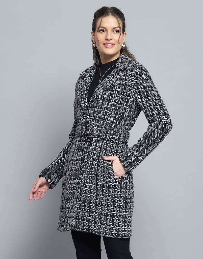 MONTE CARLO Womens Self Design Black Notch Lapel Full Sleeve Coat