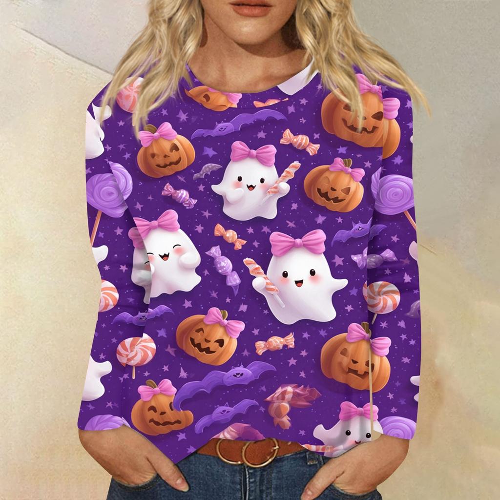 Modisches, lässiges Langarm-Oberteil mit Rundhalsausschnitt und Halloween-Print für Damen