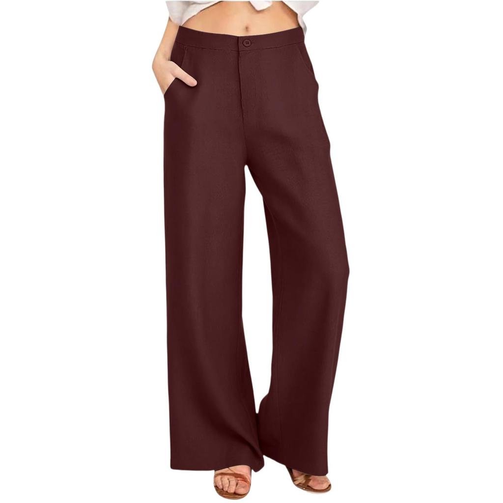 Damen Elastische Hose mit Hohem Bund Lässige Passform Weites Bein Lange Hose Hose mit Taschen