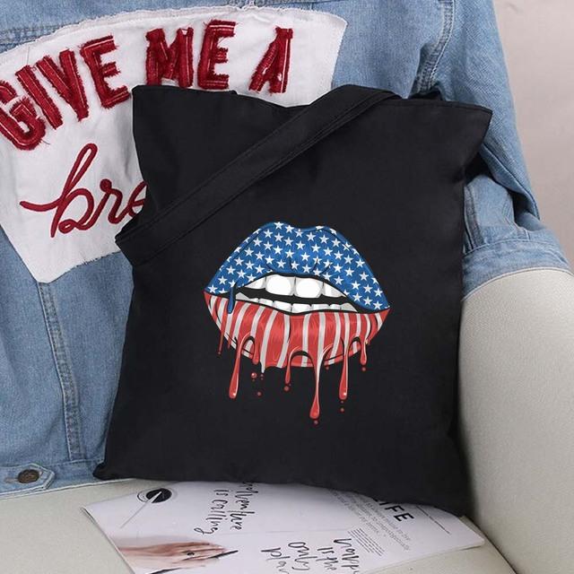 Sexy Lips Large Capacity Women Shopping Bags Shoulder Bag Fashion Black Printing Foldable Handbag Canvas Tote Bag