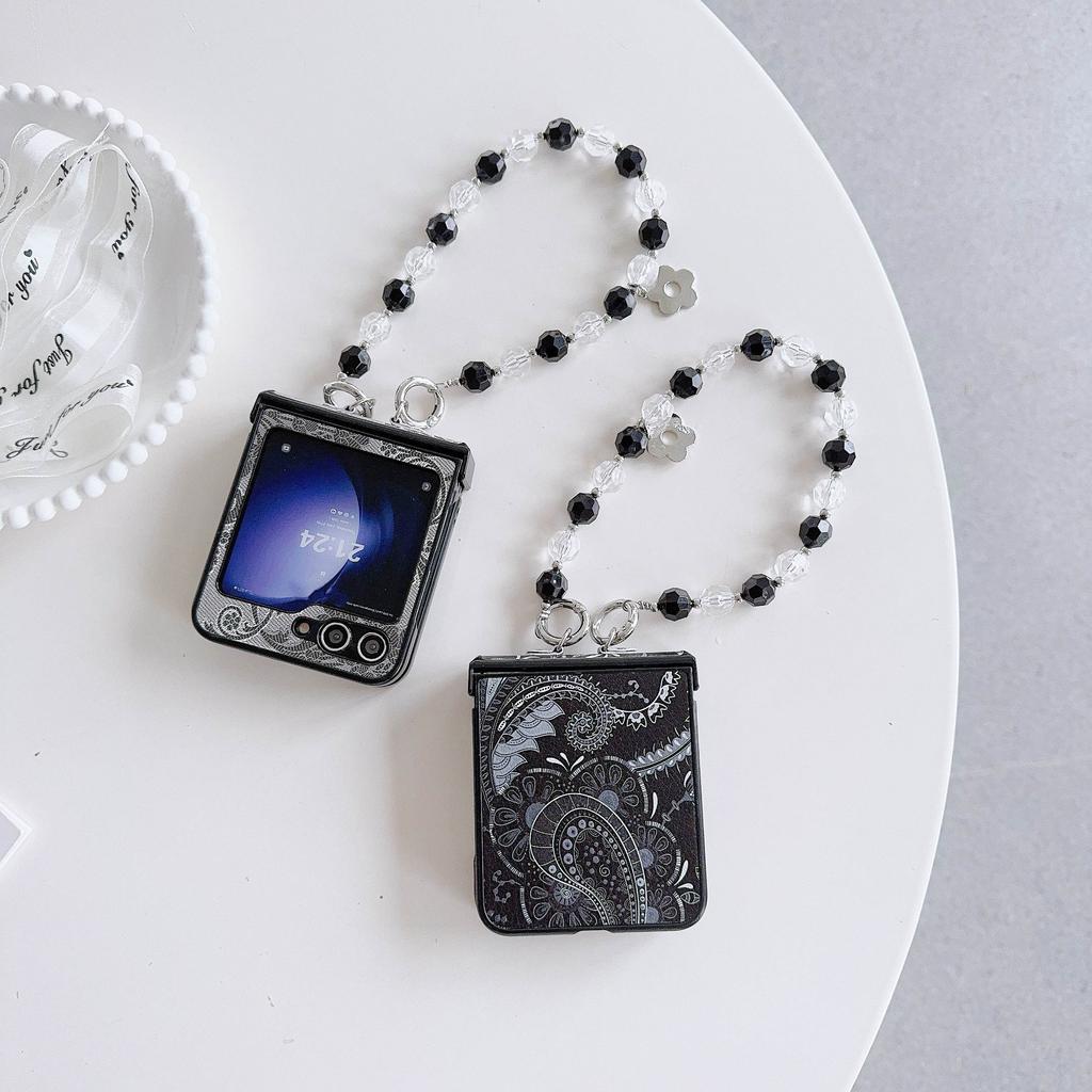 PU Leather Bead Wrist Strap Phone Case for Samsung Galaxy Z Flip 6 5 4 3 5G Hinge Protection Shockproof Cover