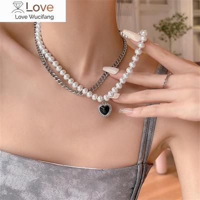 Vintage Link Chain Heart Pendant Necklace Female Women's  Fashion Pearl Necklace for Woman Jewelry Gift