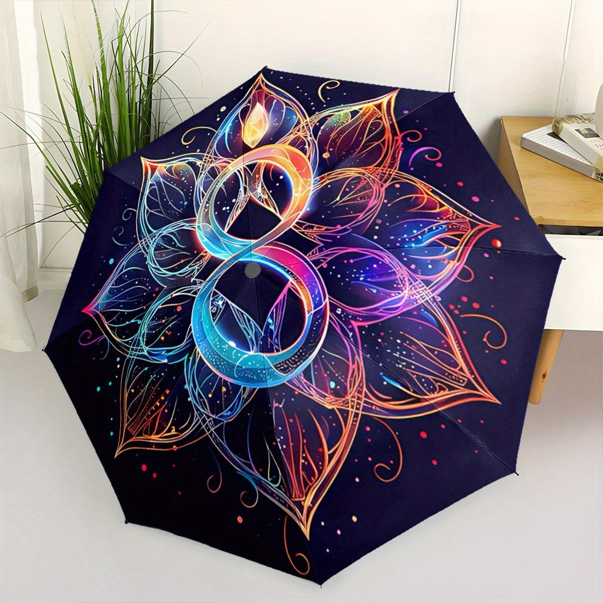 Automatic Folding Umbrella Colorful floral mandala with an infinity symbol. Portable collapsible design, casual outdoor access