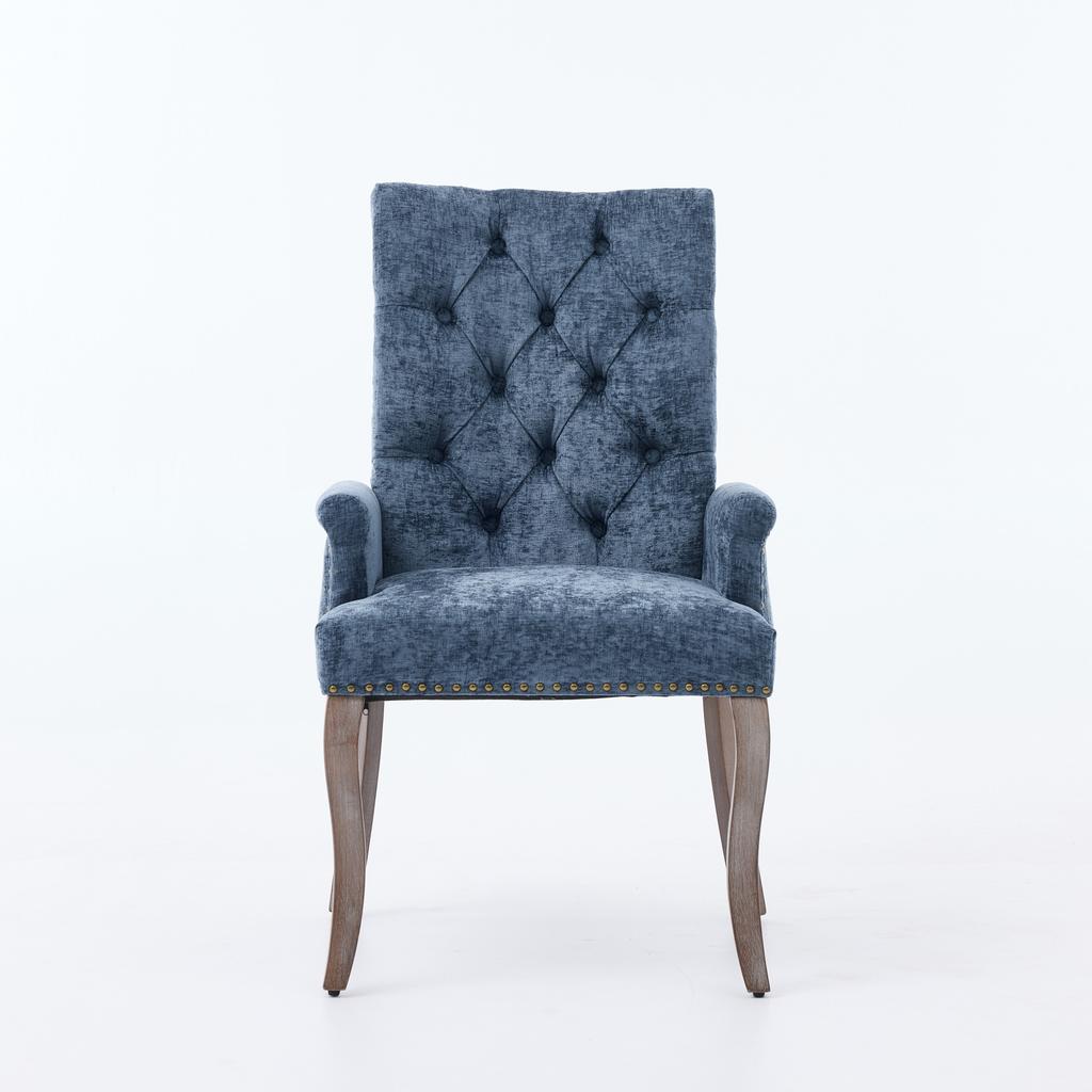 Upholstered Chenille Fabric Accent Dining Chair, Curved Solid Wood Legs, Elegant Tufted Dining Room Kitchen Arm Chair, Single Pack, Blue, DE1895BL