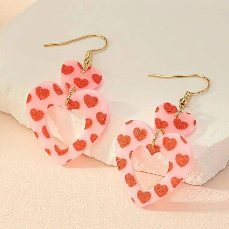 Women Valentine's Red Heart Drop Earrings Gold Plating Brass With Red Epoxy PInk Heart Dot Resin Charm Earring Water Drop Jewely