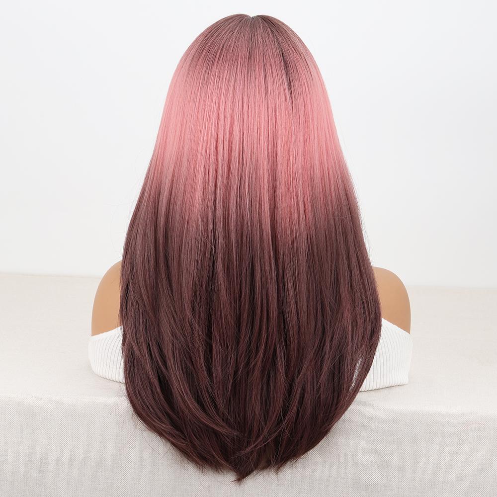 MISS WIG Parrucche Lunghe Ombre Marrone Rosa Lisce Stratificate in Fibra Sintetica da Donna con Frangia Parrucca Bob per Donna Uso Quotidiano Cosplay Festa