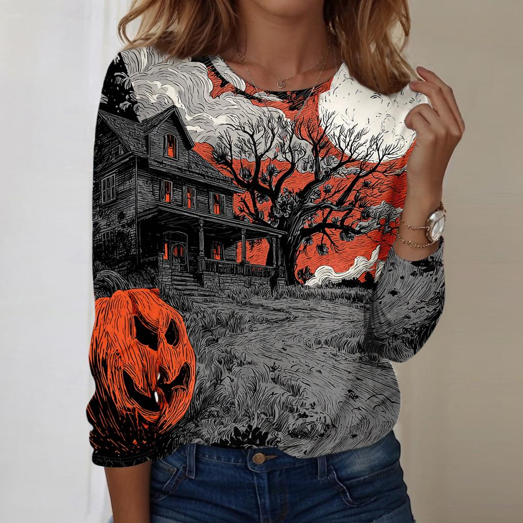 Women's Casual Long Sleeve Crewneck Top with Halloween Print for Fall Festive Wear