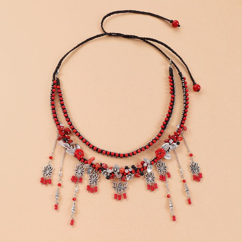 Hua Rong Hair Accessories Double-layer Exotic Style Red Lotus Fringed Forehead Chain Between Eyebrows Pendant Women's Ancient Hanfu Headdress