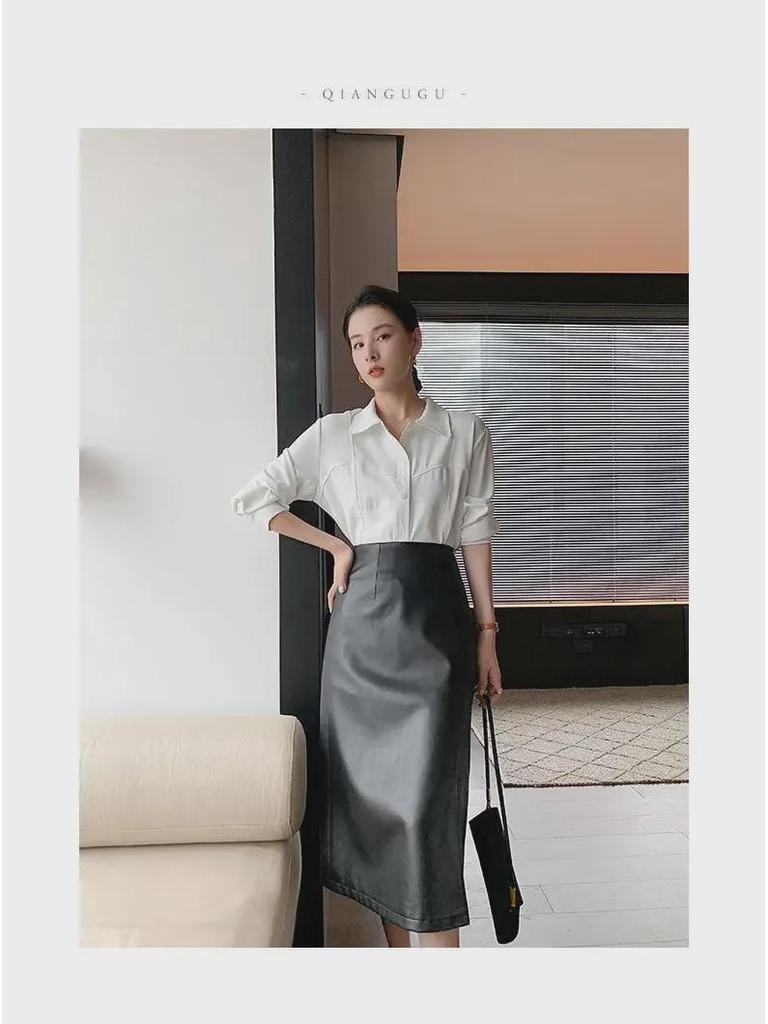 PU Leather A-Line Skirt: Autumn/Winter 2025, Slimming Mid-Length with Slit, Versatile Korean Style for Women