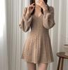 ZYOOFOV Knit Mini Long Ribbed Solid Cable Cut and Sew Korean Mori Winter Women's Dress, Length, Sleeve, V-Neck, A-Line, Knit, Color, Knit, Thick,