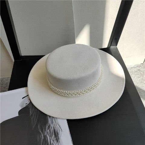 French Elegant Wool Felt Wide Brim Hat for Women, White Pearl Decorated Winter Fall Fashion Streetwear Hat