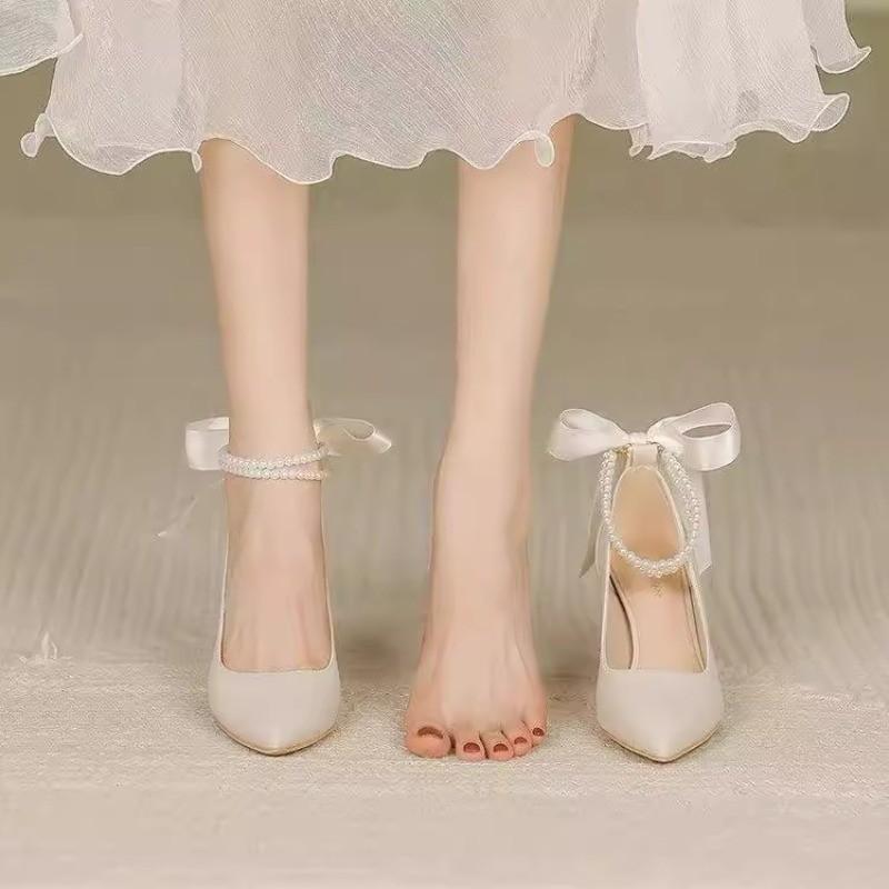 Fashion Fashion Single Shoes Summer New Pointy Head Shallow Mouth After Butterfly Knot Bead Anti-slip Wear-resistant High Heels