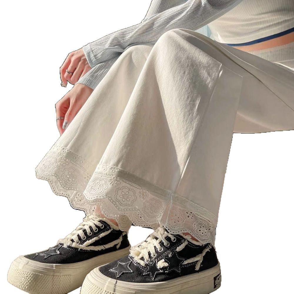 Women's Lace-Trimmed Wide-Leg Pants: Spring/Summer Loose-Fit, Slimming, Plus-Size, Petite Casual Nine-Point Sports Pants